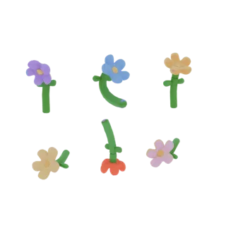 Un rendu 3D de six fleurs fantaisistes style claymation de différentes couleurs, dont violet, bleu, jaune, rose et orange, su
