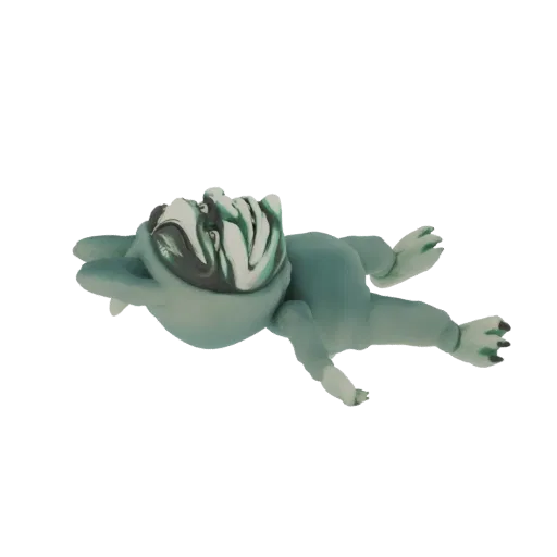 Modèle 3D d'une créature grotesque allongée sur le dos, avec une texture marbrée verte et blanche.