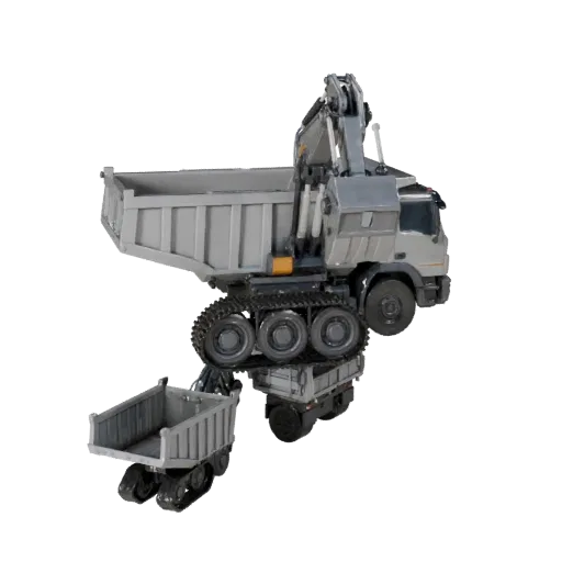 Dump Truck Stylized 3D model, stylized isometric render, showing painted steel, large mechanical silhouettes.