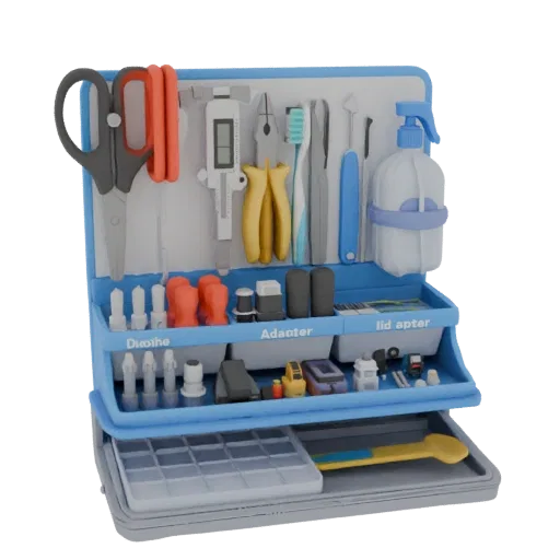 Modello 3D di un organizer blu per attrezzi con scomparti per forbici, cacciaviti, punte, adattatori e minuteria