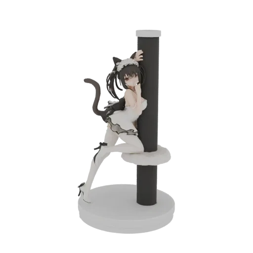 3D model of a Neko Maid figure with cat ears and tail, wearing a maid outfit and posing around a black pole on a white base.
