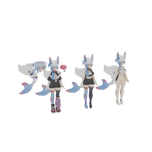 3D model of an anime fox girl with blue hair, blue fox ears, and a large blue fox tail, wearing a black top and shorts.