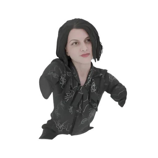 3D-Modell einer Frau mit dunklen Haaren, die eine schwarze Bluse mit weißem Blumenmuster und einer Schleife am Hals trägt.