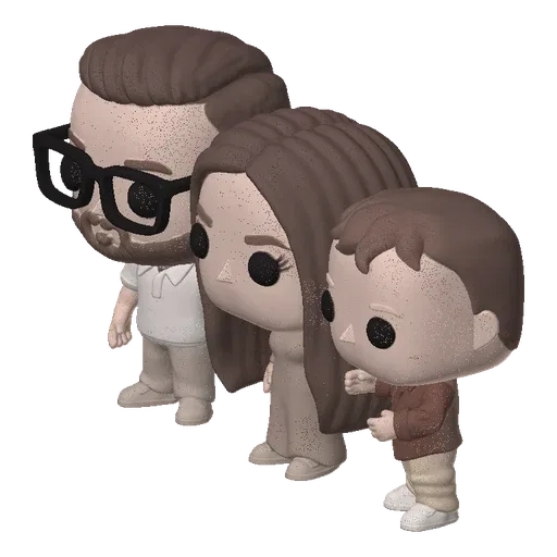 3D model of a family trio in Funko Pop style, featuring a father, mother, and child figures with large heads and stylized fea