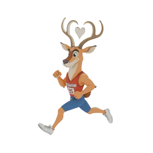 3D model of a cartoon deer mascot running, wearing a red tank top and blue shorts, with heart-shaped antlers.