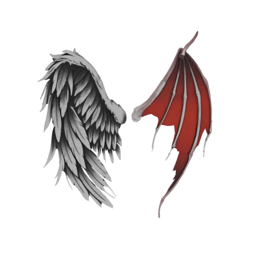 3D model preview of a pair of fantasy wings, one angelic feathered and white, the other demonic bat-like and red, set against
