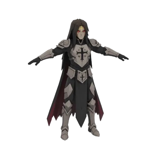 3D model of a Dark Knight Templar with long dark hair, red eyes, wearing ornate black and silver armor with a cross emblem, a