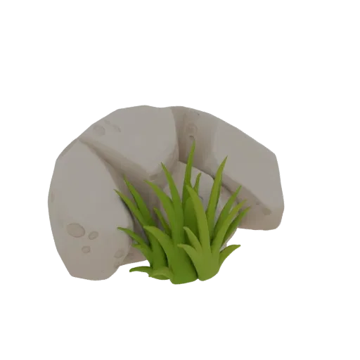 Un rendu 3D d'une roche stylisée claire avec des fossettes et un bouquet d'herbe verte vibrante.