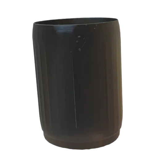 3D model of a dark grey cylindrical container with vertical ribbed texture and a subtle metallic sheen, isolated on a white b