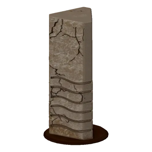 3D model of a tall, cracked stone pillar with horizontal wave carvings, set against a black background.