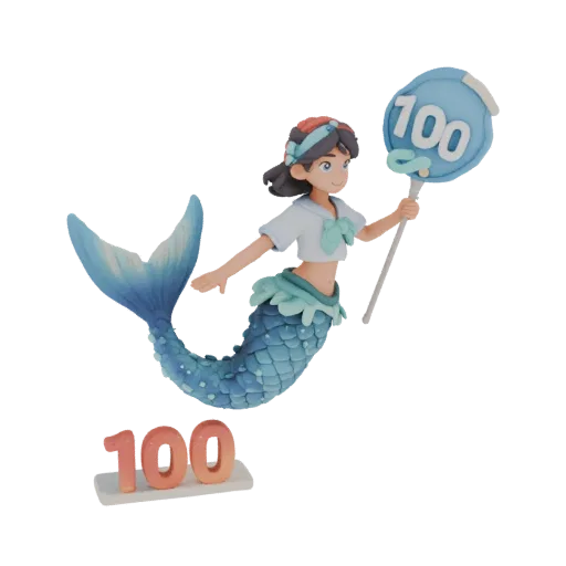 3D model of an excellent mermaid holding a "100" sign, with a volumetric "100" on a stand.