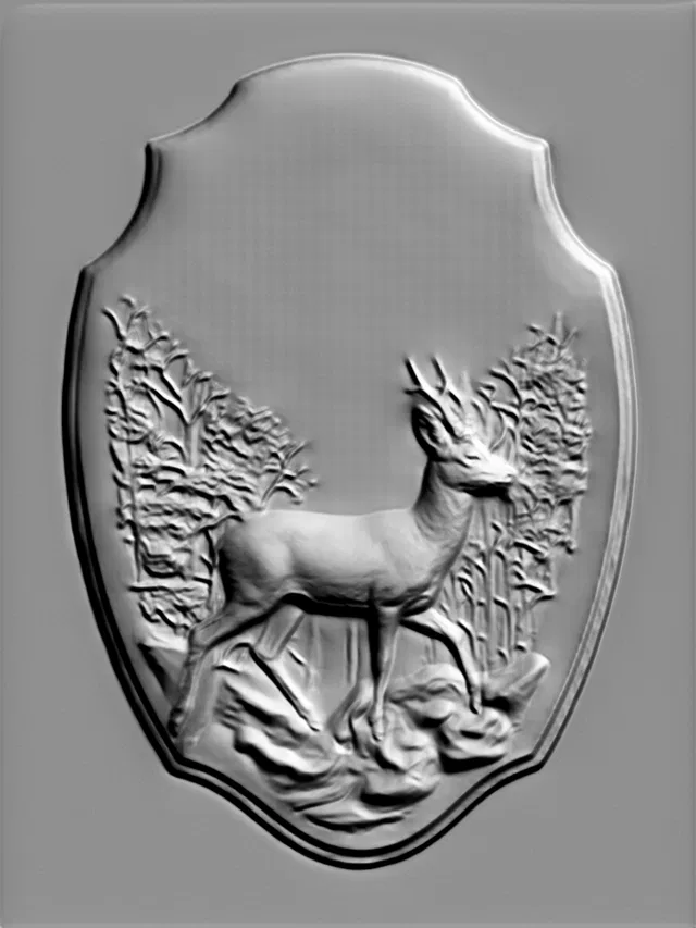 3D model of a bas-relief depicting a deer walking through a forest, with high relief detail.