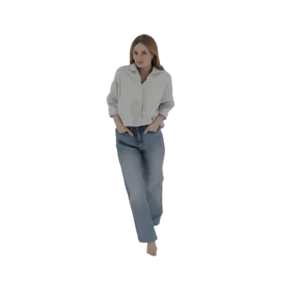 Modello 3D di una giovane donna con capelli biondi, che indossa una camicia azzurra e jeans, cammina con le mani in tasca.