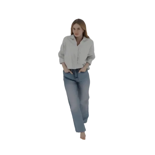 3D model of a young woman with blonde hair, wearing a light blue shirt and jeans, walking with hands in pockets.