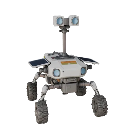 Modèle 3D modulaire Drone Scout Prospecteur, vue isométrique du kit, montrant les roues poussiéreuses, la posture du véhicule