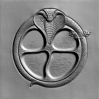 3D model of a cobra bas-relief coiled in a circle with four inner sections, featuring detailed scale texture.