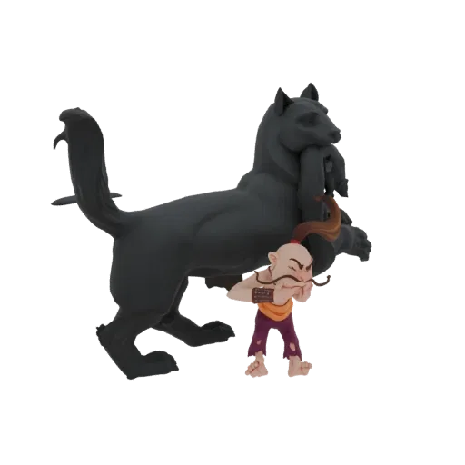 Modèle 3D d'un loup sombre mordant un petit gobelin déchiqueté, sur fond noir.