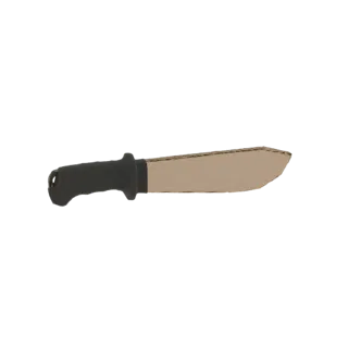 Modello 3D di un machete con lama di cartone e manico nero, presentato su sfondo bianco.