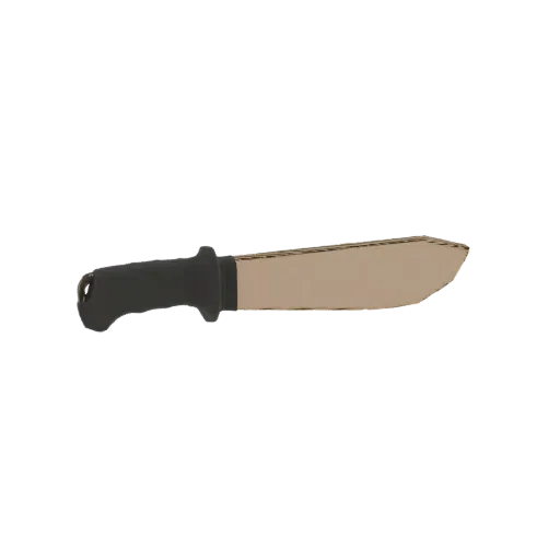 3D-Modell einer Machete mit Kartonklinge und schwarzem Griff, präsentiert auf weißem Hintergrund.