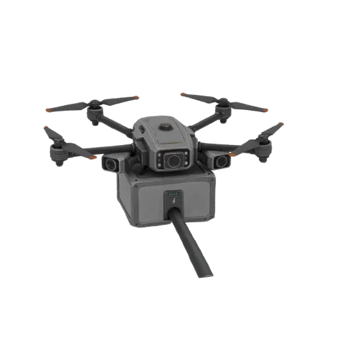 Modello 3D di un drone futuristico grigio con un modulo di carico utile a forma di scatola e un elemento esteso in avanti, su