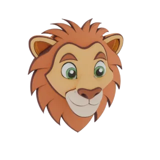 Rendu 3D d'une tête de lion cartoon stylisée avec une expression amicale, des yeux verts et une crinière fluide, sur fond bla