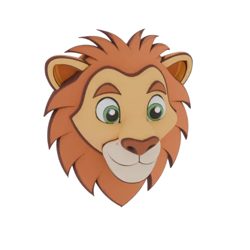 A 3D render of a stylized cartoon lion's head with a friendly expression, green eyes, and a flowing mane, presented against a