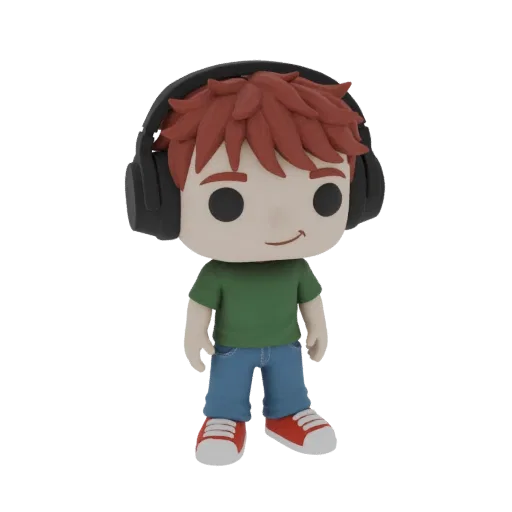 Modèle 3D d'un jeune garçon aux cheveux roux, portant un casque noir, un t-shirt vert et un jean bleu, debout sur fond blanc.