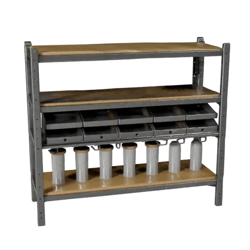 Garage Parts Rack Realistic 3D model, three-quarter studio render, showing steel frames, stable fixtures.