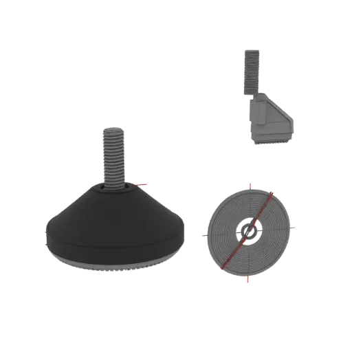 3D render of an adjustable furniture foot with a black conical rubber base and a silver threaded metal stem.