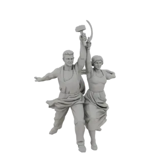 3D-Modell der Skulptur 'Arbeiterin und Kolchosbäuerin', ein Mann und eine Frau halten Hammer und Sichel hoch.