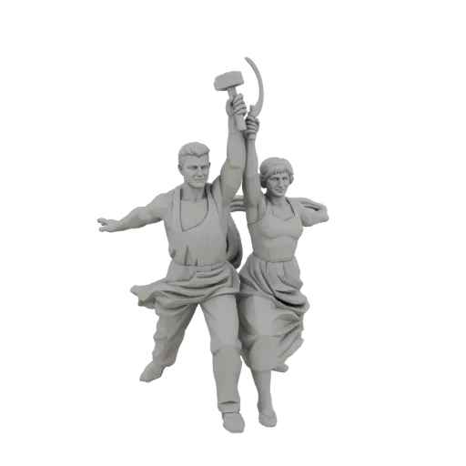 Modèle 3D de la sculpture 'Ouvrière et Kolkhozienne', un homme et une femme tenant un marteau et une faucille.
