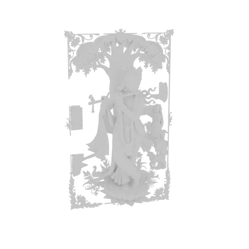 Render di modello 3D di Lord Krishna che suona il flauto sotto un albero decorativo, presentato come un rilievo bianco.