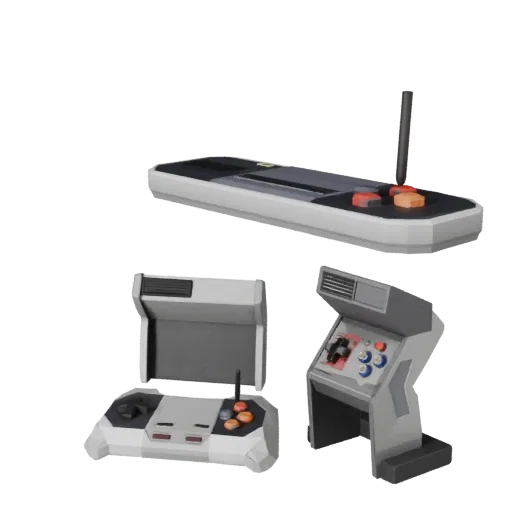 Retro Arcade Stick Low Poly 3D model, game viewport three-quarter view, showing matte plastic, console proportions.