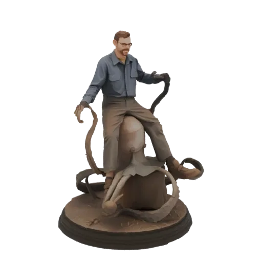 3D model render of a man with glasses riding a large octopus, with tentacles wrapping around the base.