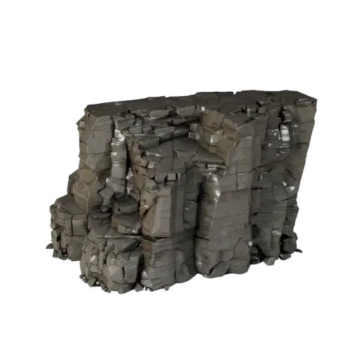Eroded Ravine Wall Low Poly 3D model, game viewport three-quarter view, showing stratified stone, terrain detail.