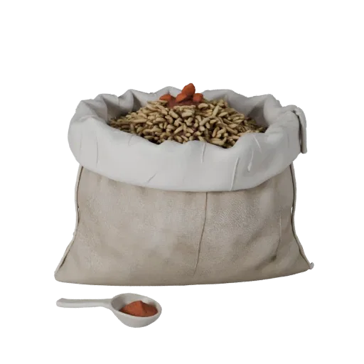 Spice Rice Sack Realistic 3D model, three-quarter studio render, showing powders, small ingredient shapes.