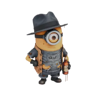 3D model of a grungy Minion character wearing a fedora, torn denim overalls, and holding a beer bottle, against a white backg