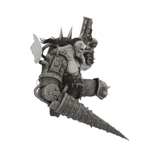 Modelo 3D de um ameaçador Ork Mek com um grande braço broca e uma arma, retratado em uma pose dinâmica contra um fundo branco