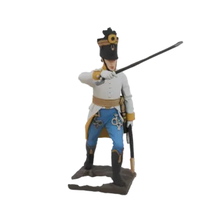 3D model of a 19th-century Hussar soldier in uniform, holding a saber, standing on a textured base.