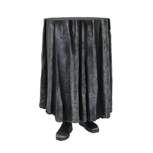 3D model of a mysterious figure hidden beneath a dark, draped table, with only shoes visible at the bottom.