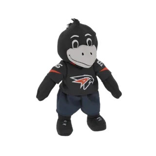 3D-Modell eines Plüsch-Maskottchen-Vogels mit schwarzem Sporttrikot mit rot-weißem Emblem und dunklen Shorts.