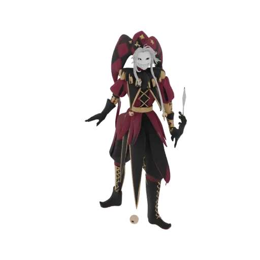 3D model of a jester character in a red and black costume, holding a dagger and standing next to a ball.