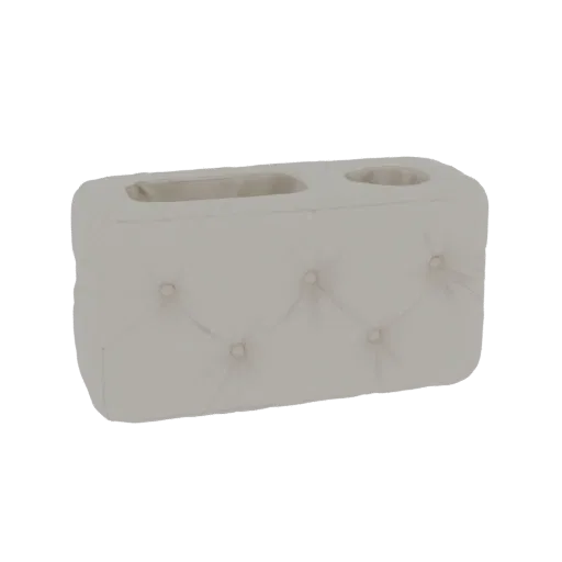 3D model of a cream-colored, tufted fabric tissue box holder with a separate circular compartment on top.
