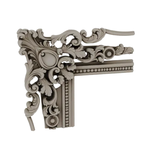 Ein detailliertes 3D-Modell eines Barock-Eckornaments mit Akanthusblatt-Spiralen und Perlenbesatz, in neutralem Beige.