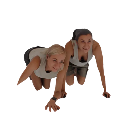 3D model of two women in athletic wear, captured in a crawling pose side-by-side.