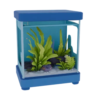 3D model aquarium with green plants and stones, blue frame, transparent walls