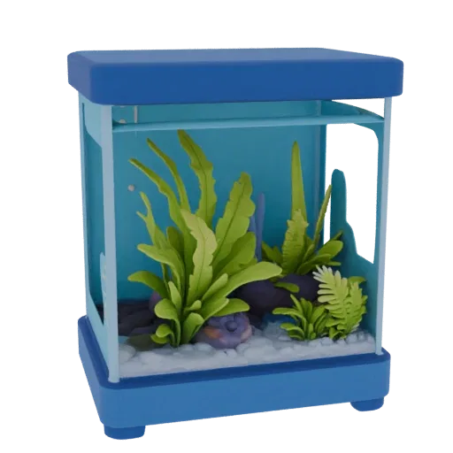 3D model aquarium with green plants and stones, blue frame, transparent walls