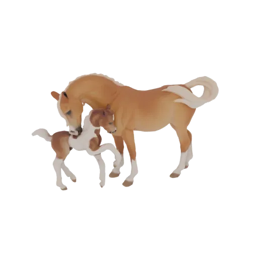3D model of a bay mother horse gently nuzzling her bay and white pinto foal, both with flowing manes and tails.