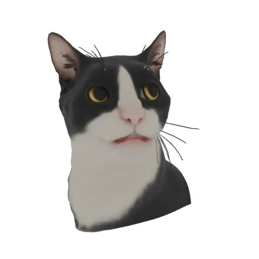 A 3D render of a black and white tuxedo cat with yellow eyes, looking alert and curious, against a white background.