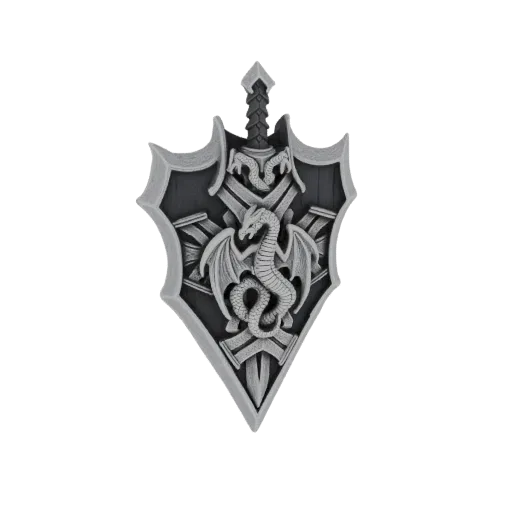 3D model of a fantasy shield featuring a coiled dragon and crossed swords, rendered in grayscale.